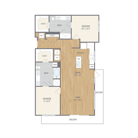 Floor plan for 2 beds, 2 baths, 1396 sqft